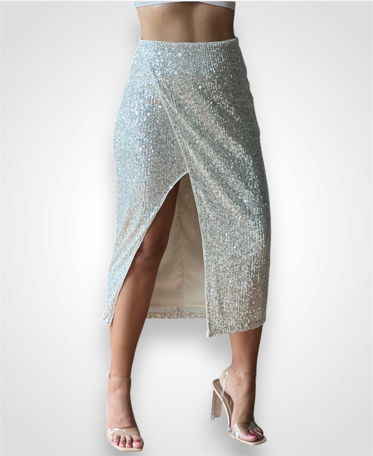 Ivory Sequin Side Slit Skirt•