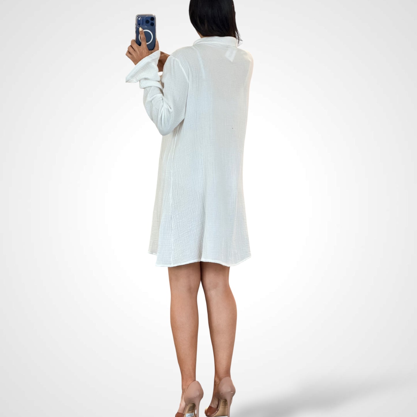 Long Sleeve V-neck Button Up Loose Fit Mini Dress