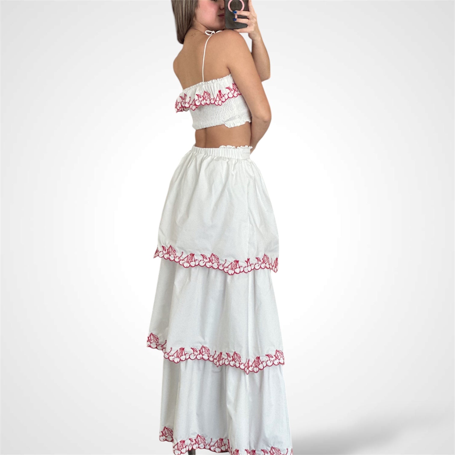 EMBROIDERY TIERED MAXI SKIRT & EMBROIDERY SMOCKED TOP SET•-3
