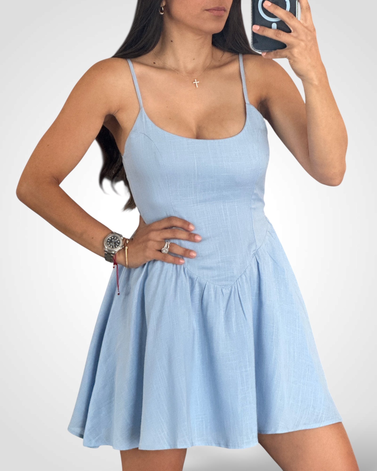 Solid Color Round Neck Open Back Tie Mini Dress•-1