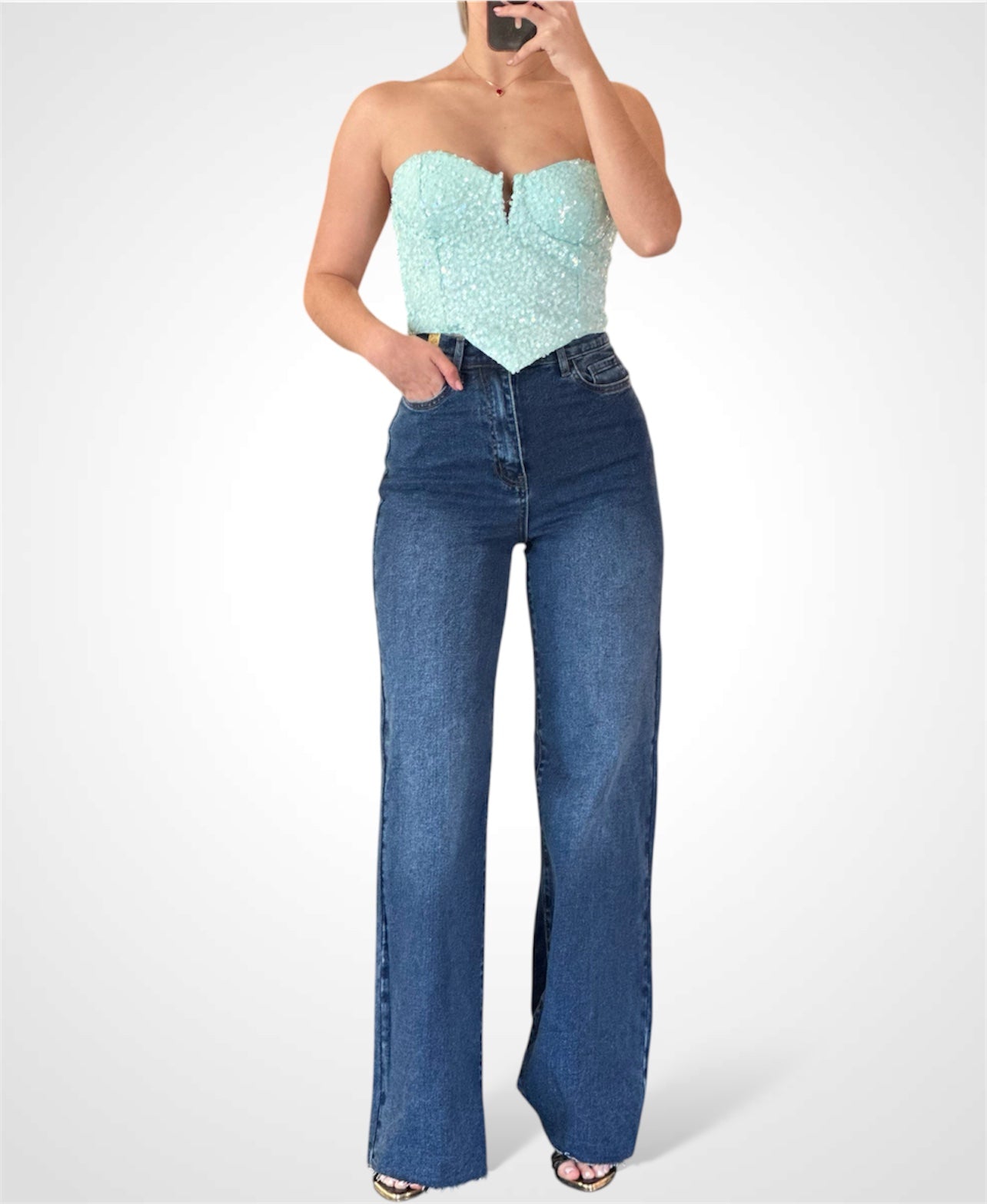 WOMENS SLEEVELESS V-NECK SEQUINS TUBE CROP TOP (Aqua)••-2