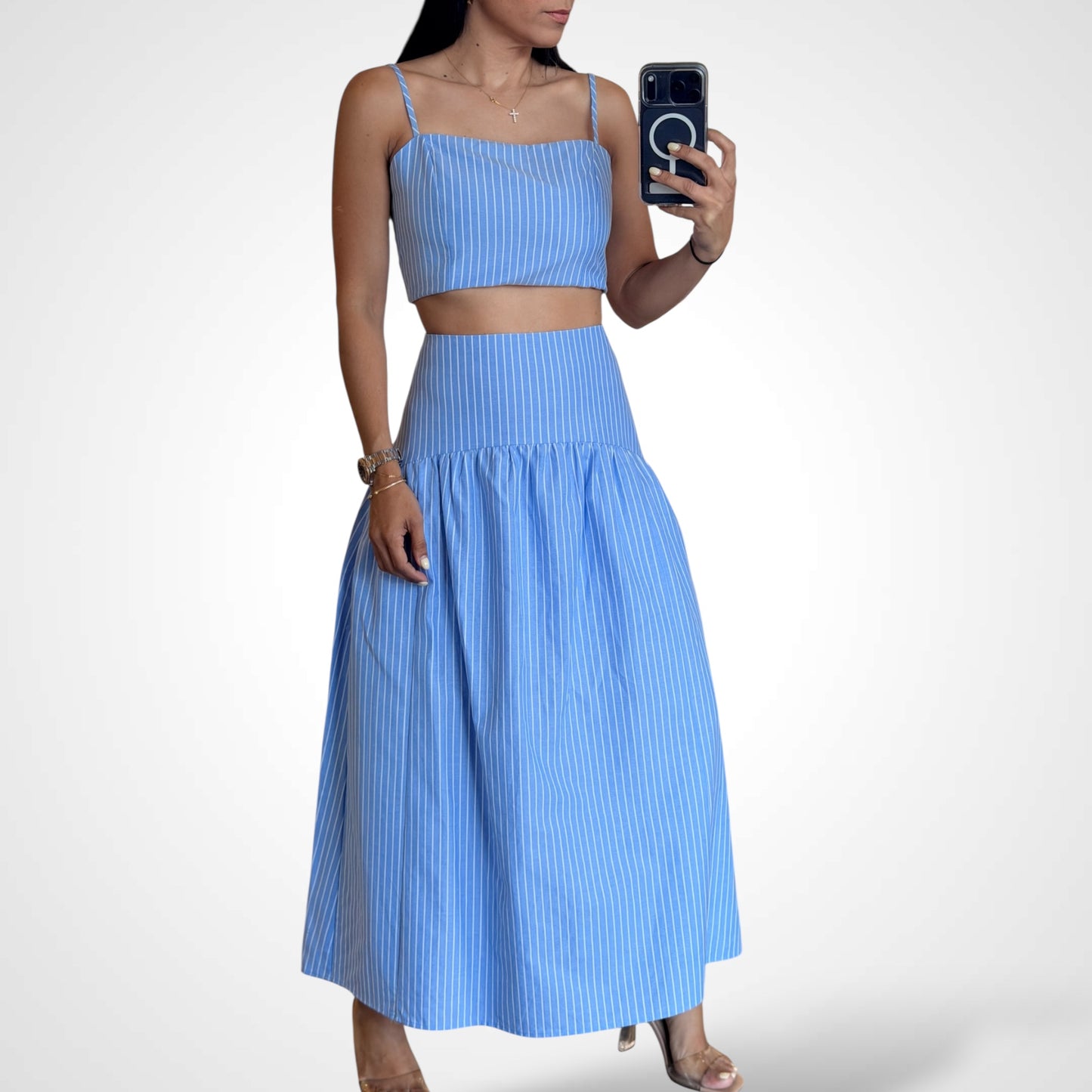 Stripe Crop Top with Flared Maxi Skirt