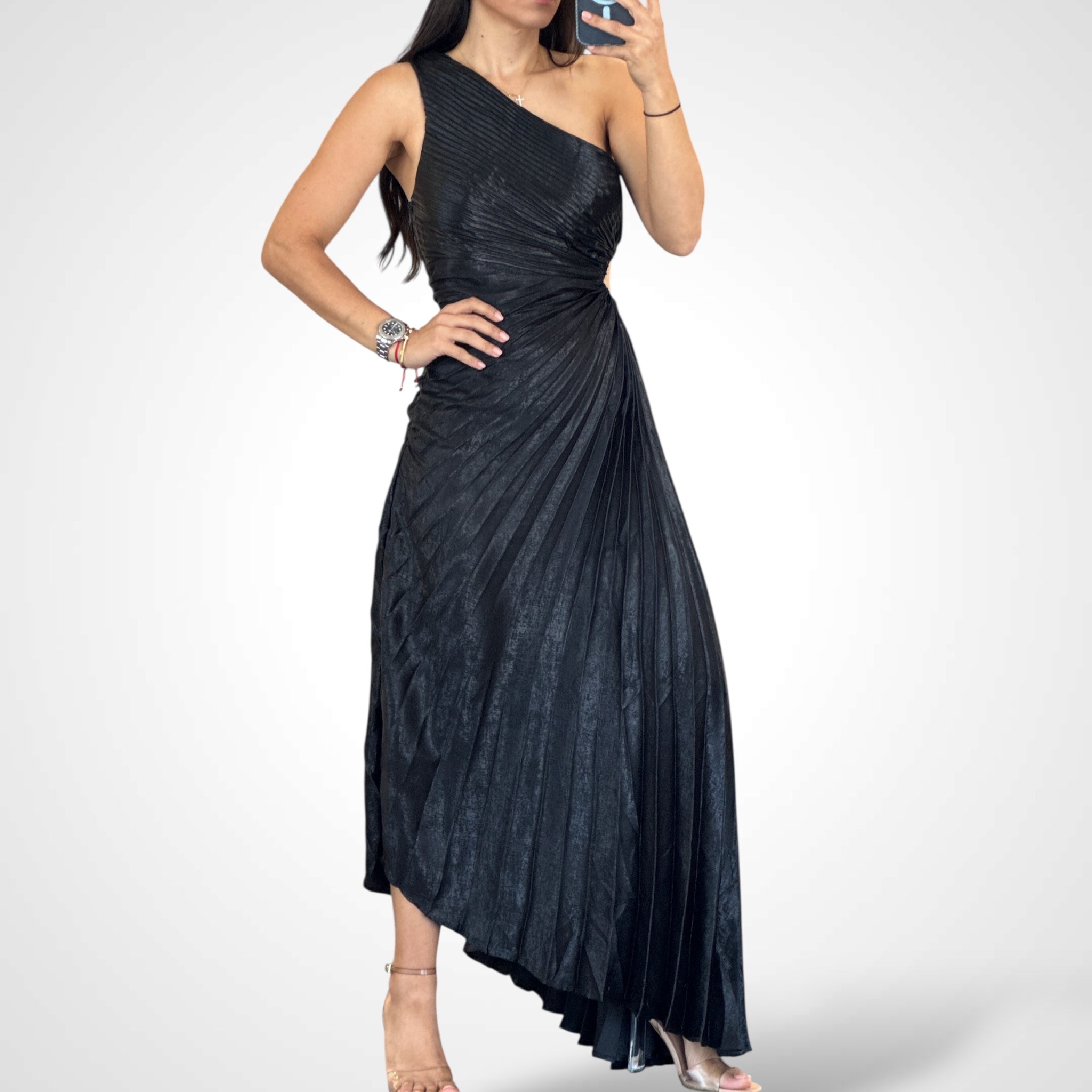 Black Metallic Pleated One S Dress