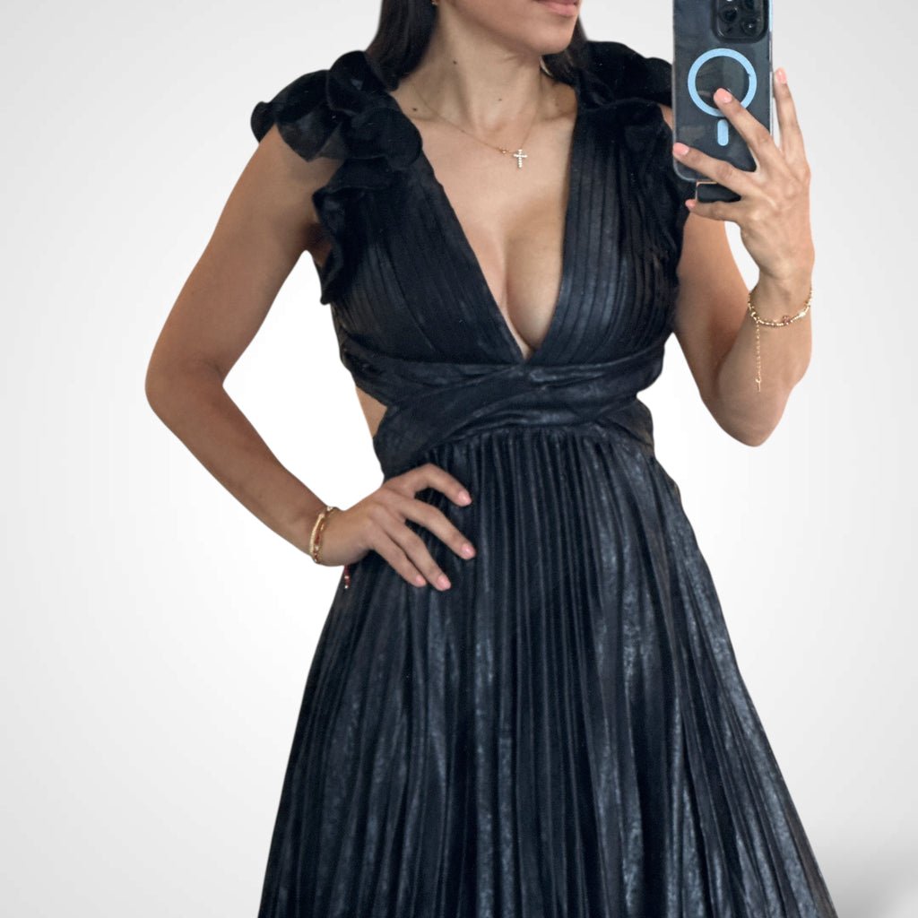Black Metallic Pleated Maxi Dress