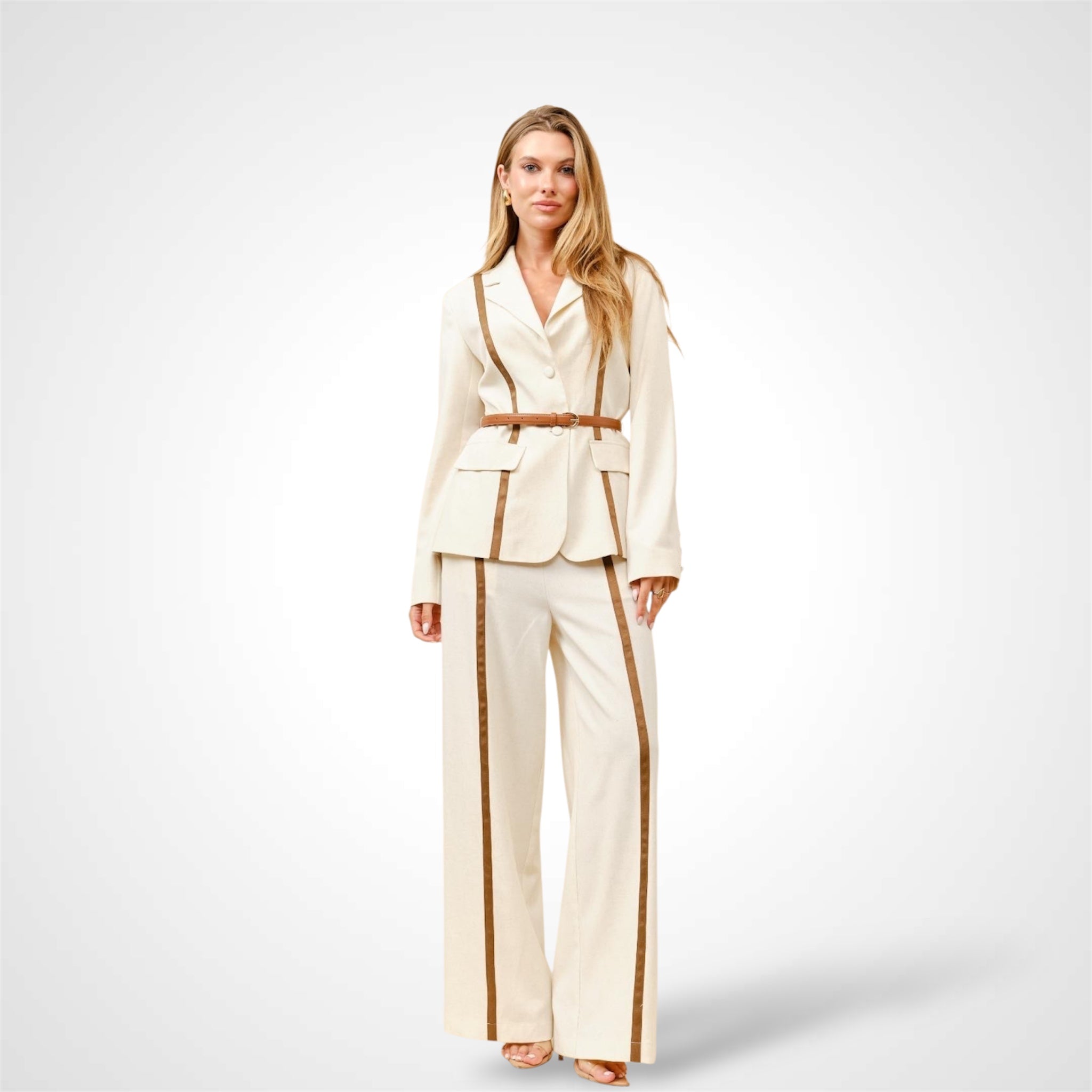 Contrast Beige Trim Blazer and Pants Set