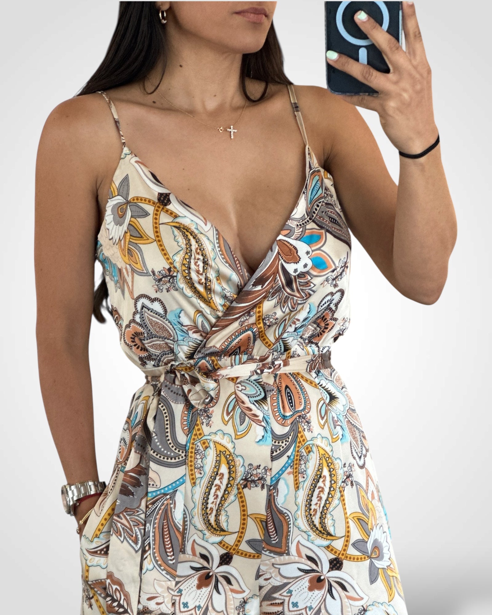 SLEEVELESS SURPLICE MULTI PRINT WIDE LEG JUMPSUIT