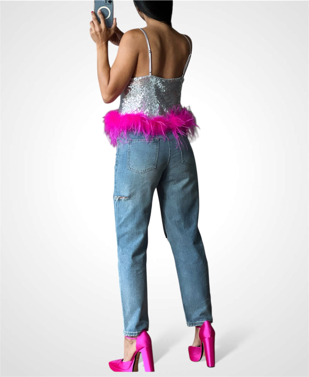 Feathers Trim Sequin Top