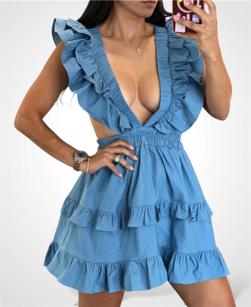 RUFFLE CAP SLEEVE OPEN BACK MINI DRESS