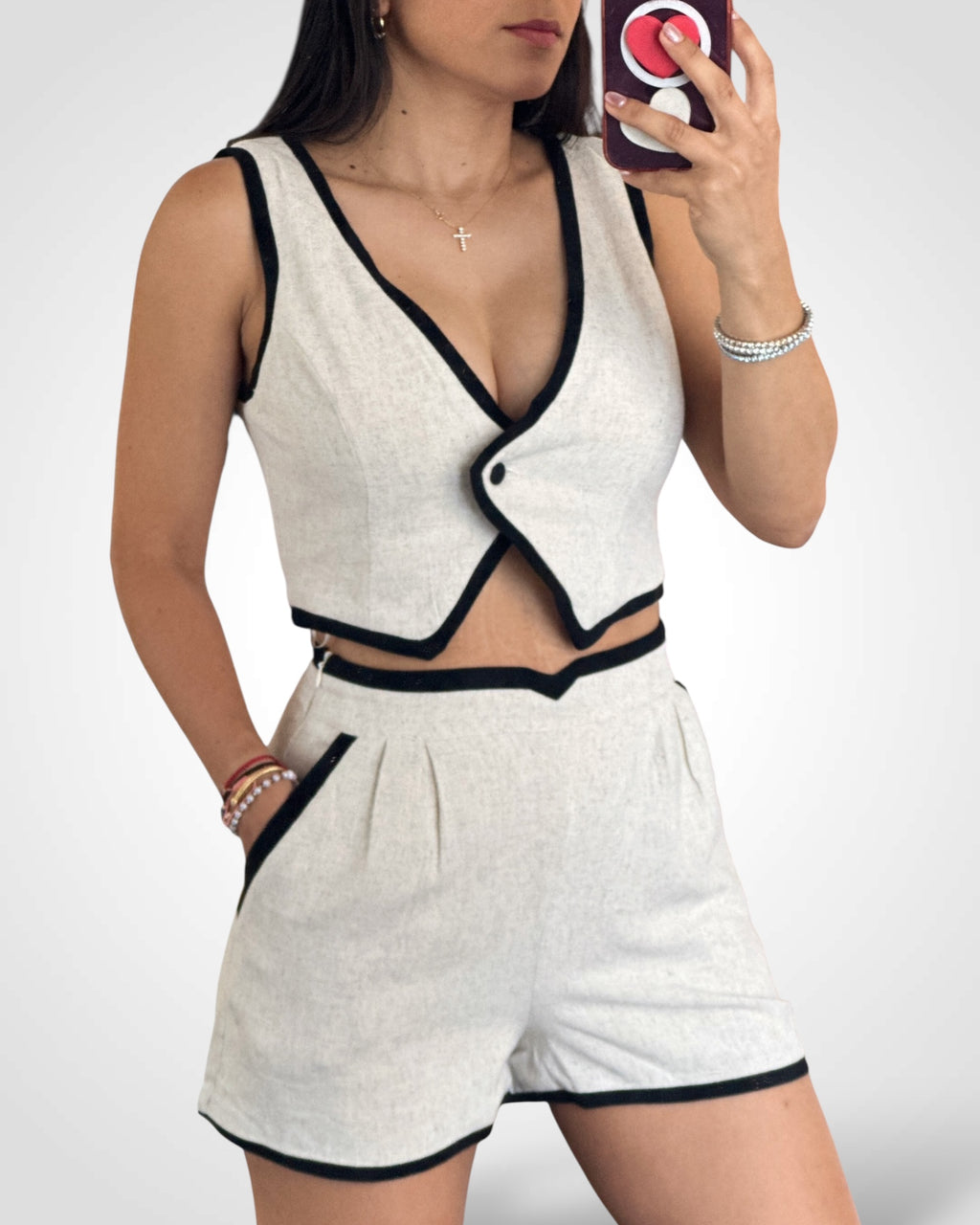 SJQ-Linen Mix Sleeveless Crop Top And Shorts Set