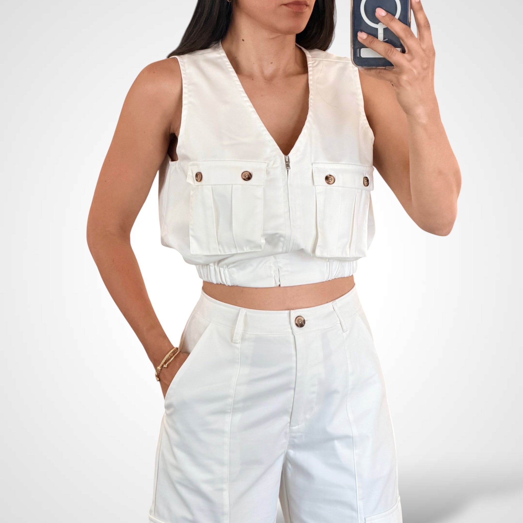 Solid Zip Up Top & Cargo Pants 2pc Set•-2