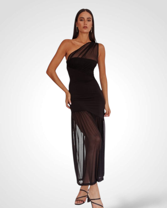 ONE SHOULDER MESH MAXI DRESS