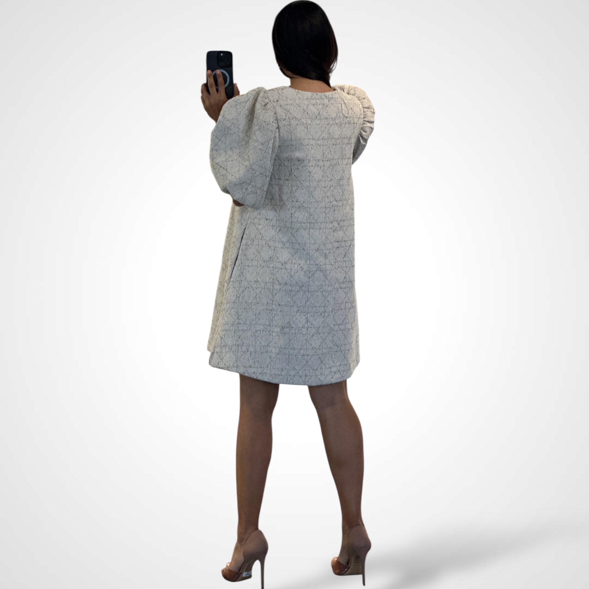 BOUCLE TEXTURED TWEED PUFF SLEEVE MINI DRESS•-3