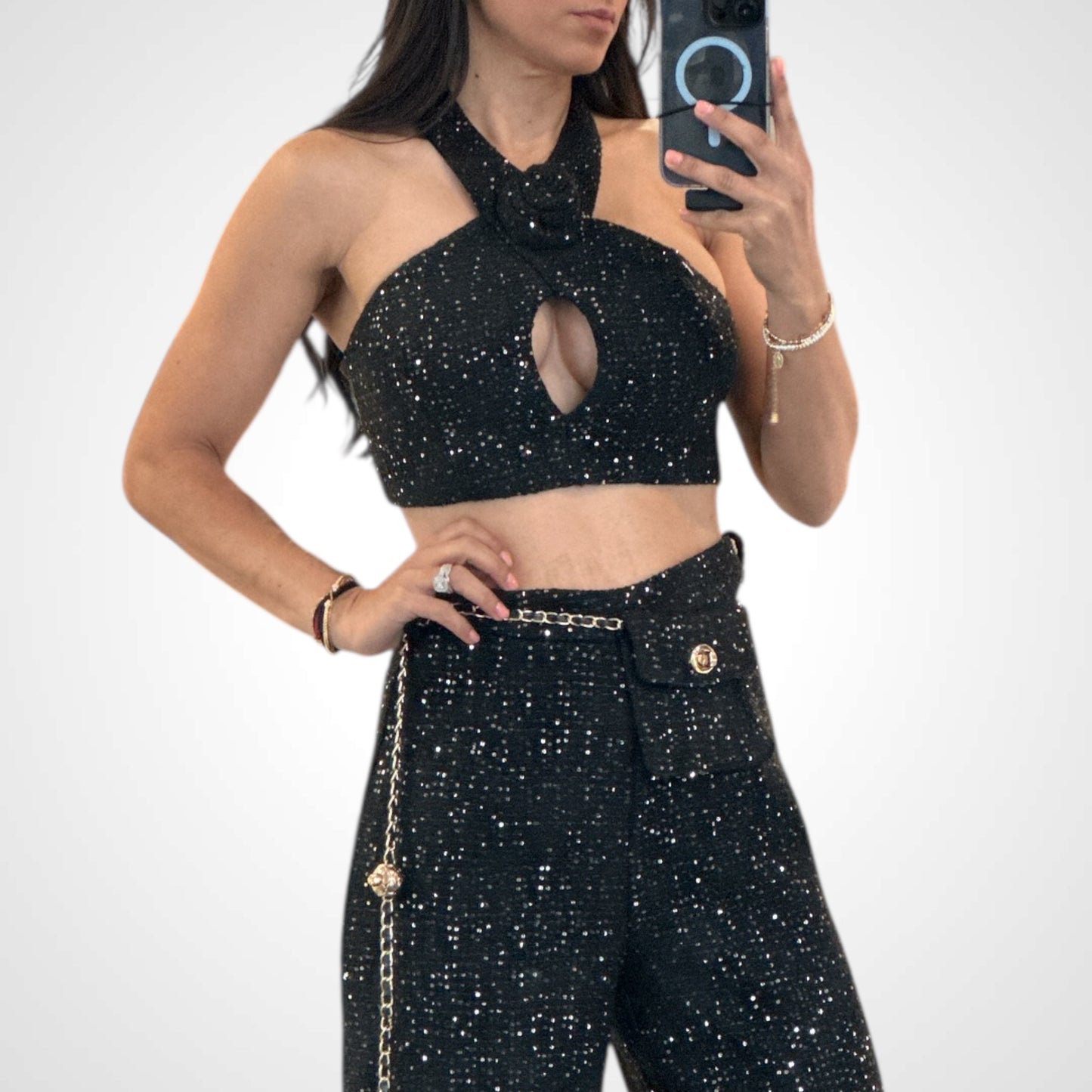 SEQUINS TWEED PANTS SET