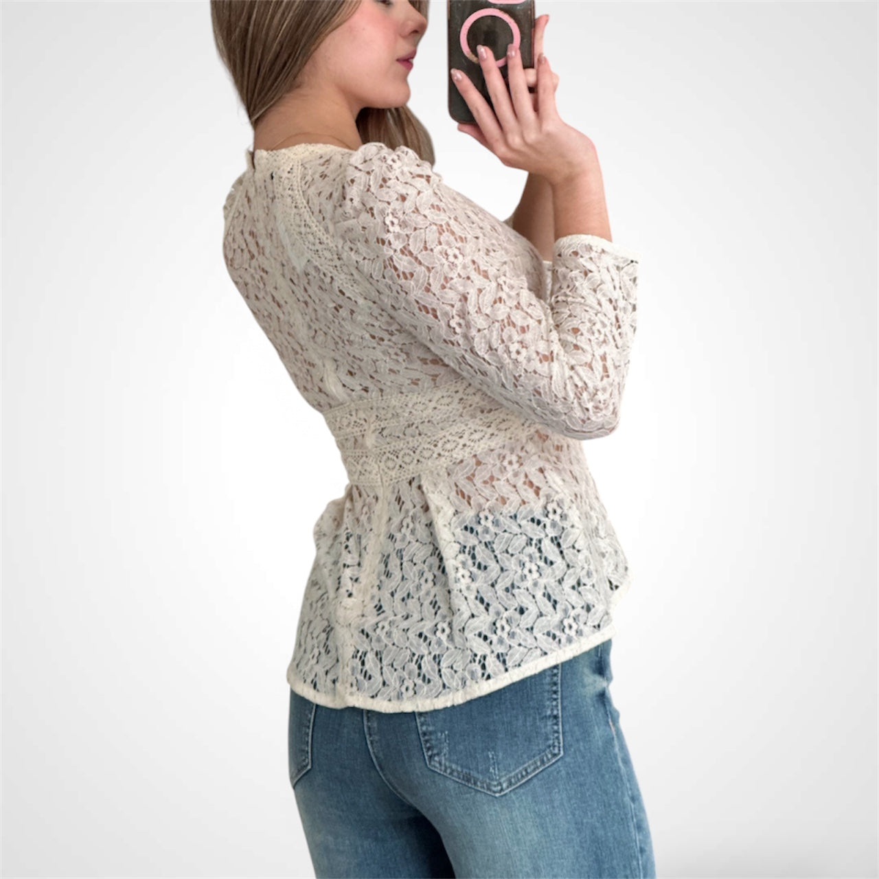 LACE LONG PUFF SLEEVE TOP•-2