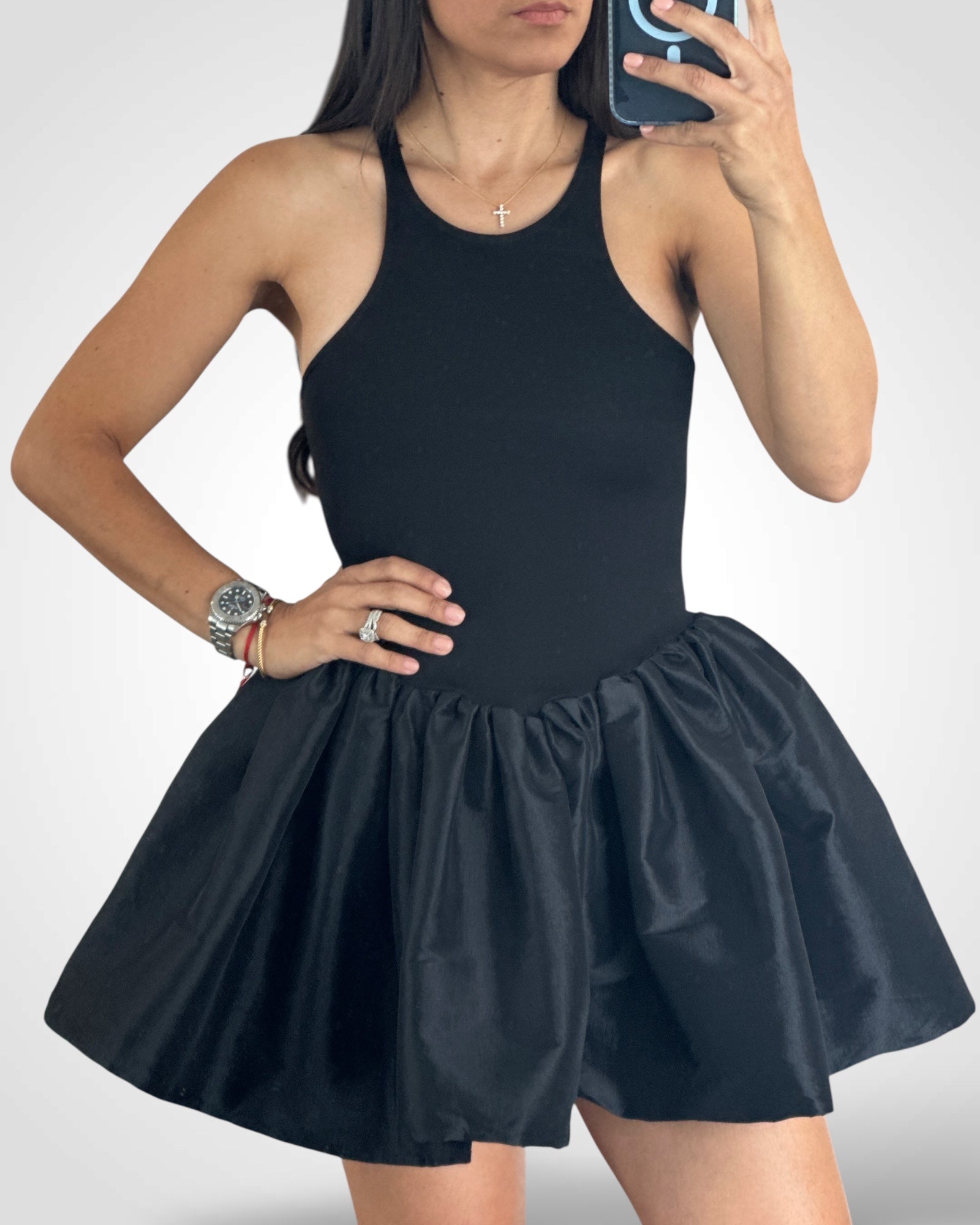 Solid Color Matte-shiny Fit&flare Mini Dress-1