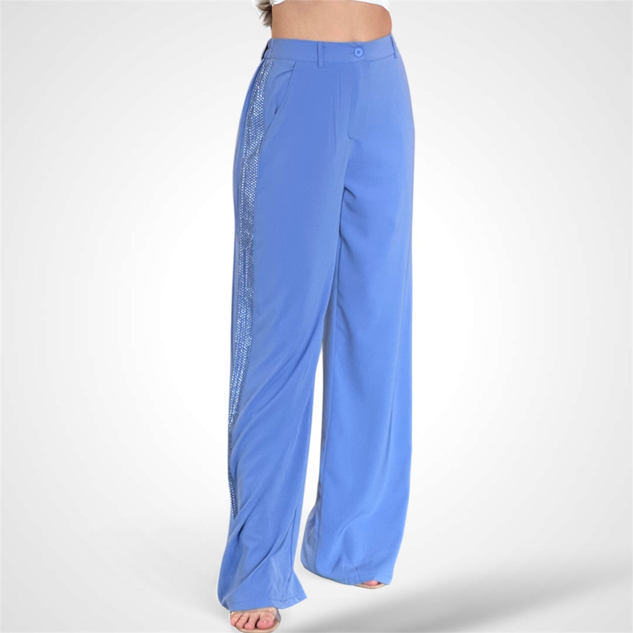 PAULINA SIDE RHINESTONE SLACKS HIGH RISE PANTS•-1