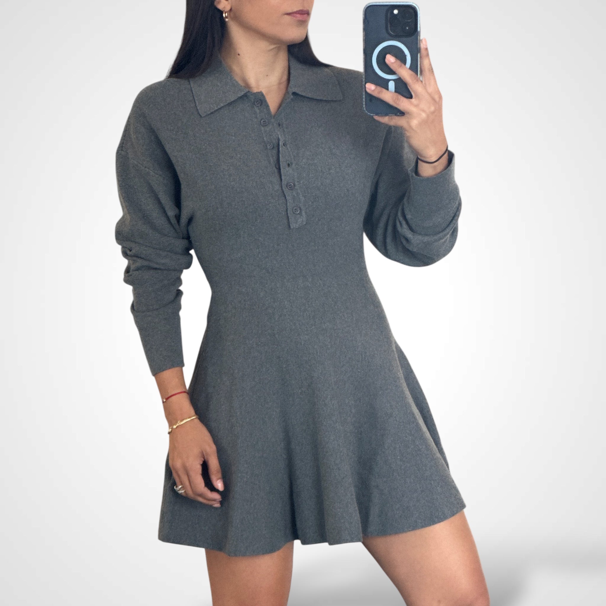 SJQ-Collared Long Puff Sleeve Knit Sweater Mini Dress