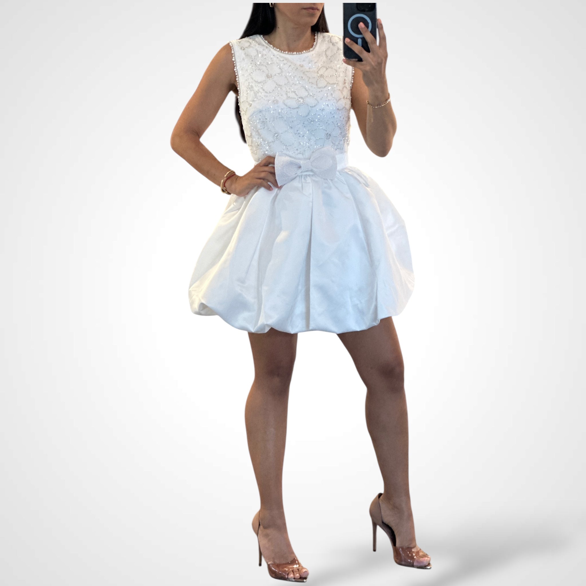 BOW FRONT BEADED LACE BUBBLE HEM MINI DRESS