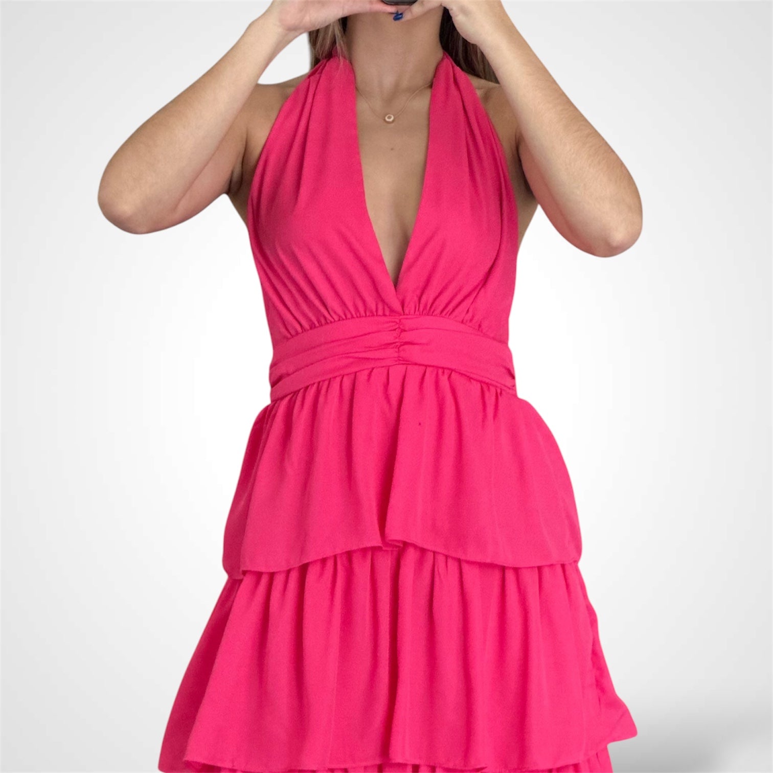 SLEEVELESS V-NECK OPEN BACK RUFFLE TIERED DRESS•-2