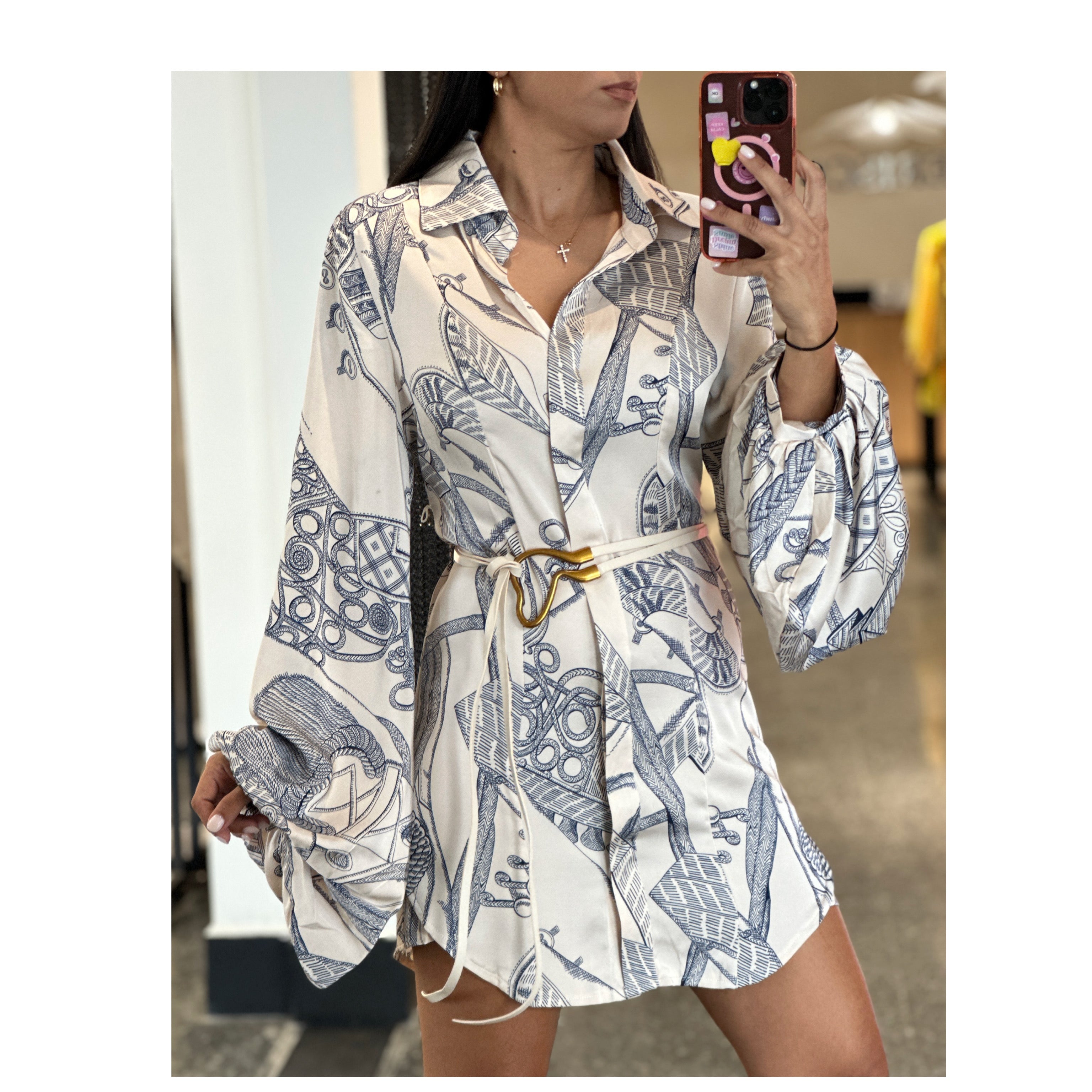 CHAIN PUFF SLEEVE DRESS W BELT•