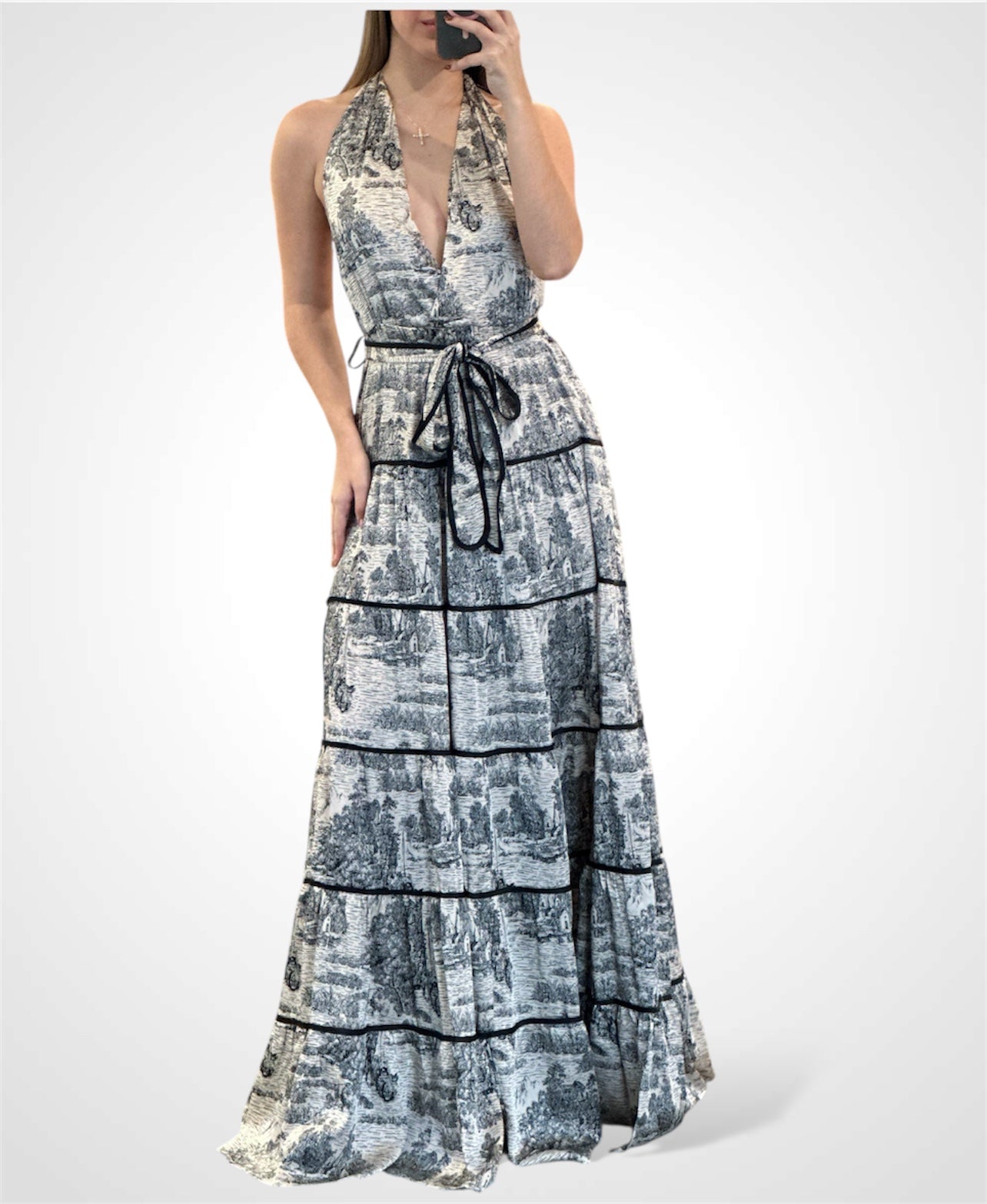 PLUNGE V NECK HALTER BACK TIERED MAXI DRESS•