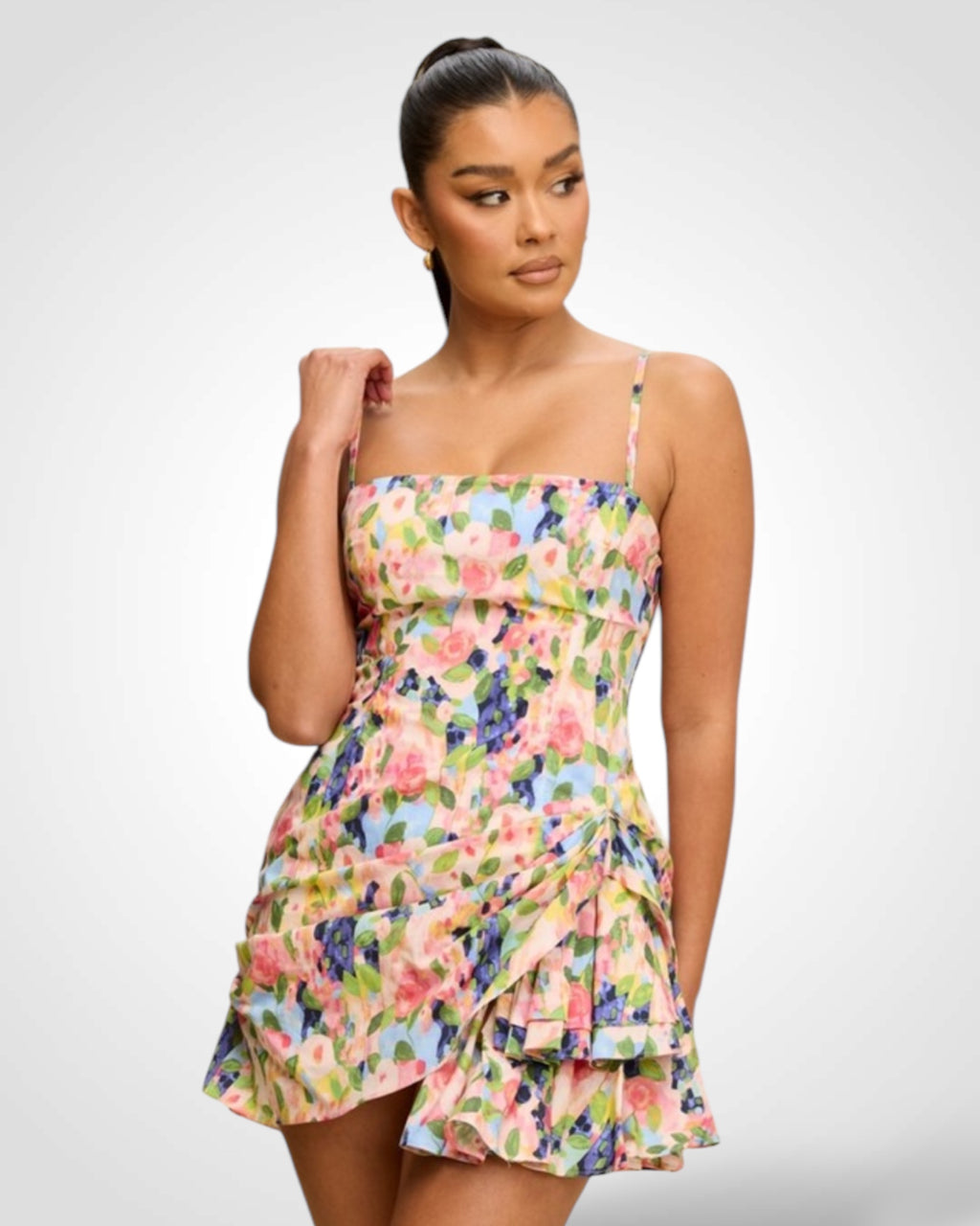 PRINT RUFFLE HEM HALTER DRESS