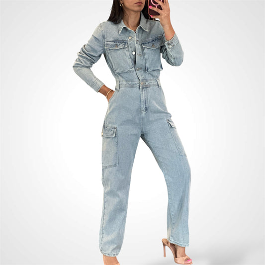 LONG SLEEVE BUTTON UP DENIM JUMPSUIT