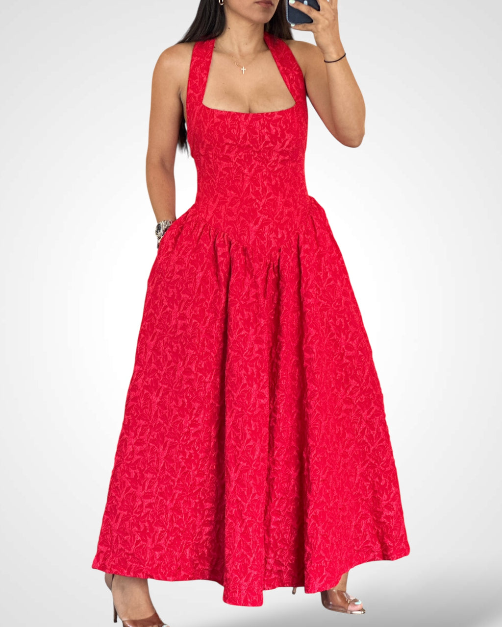 Puff Jacquard Midi Dress