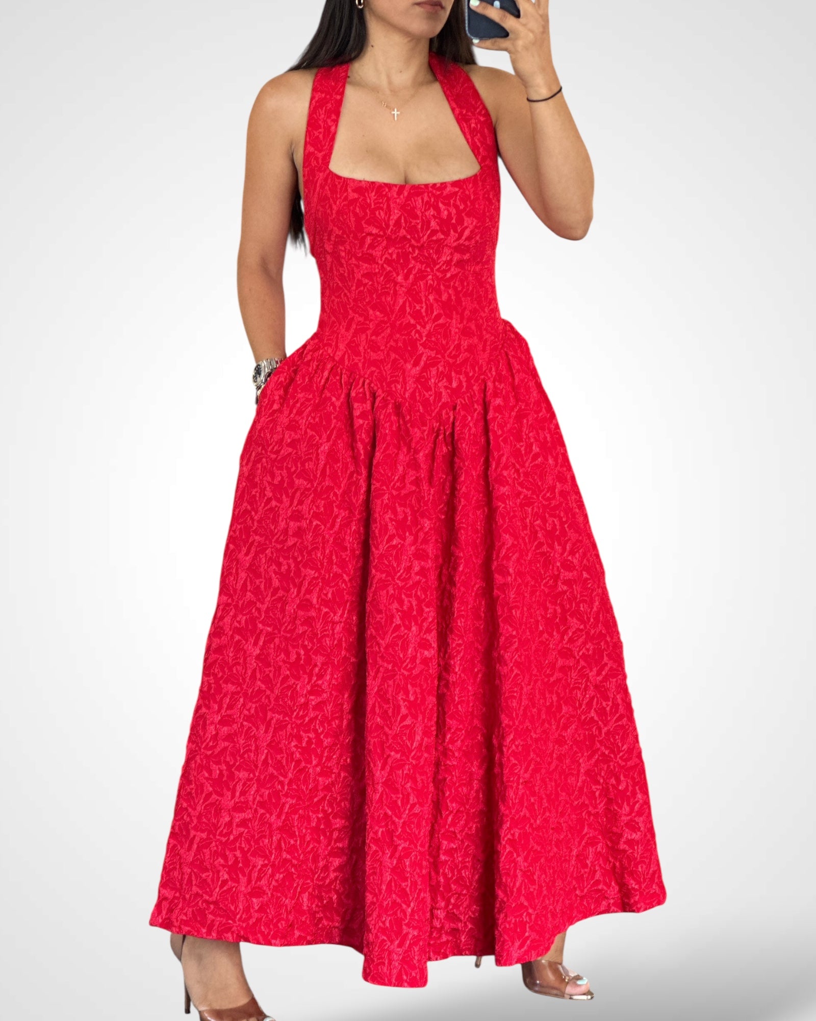 Puff Jacquard Midi Dress