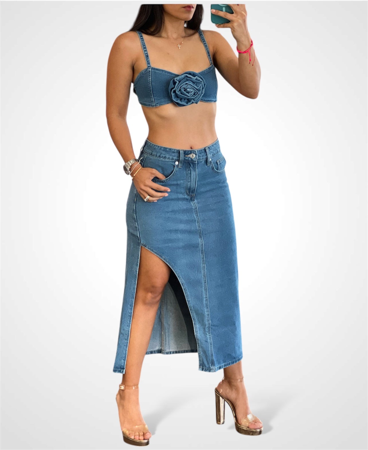 LONG DENIM SKIRT WITH OPE•-2