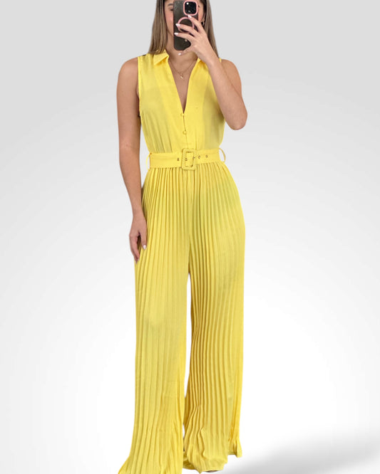 SJQ - SOLID COLLARED PLEATS DETAIL WIDE LEG JUMPSUITS
