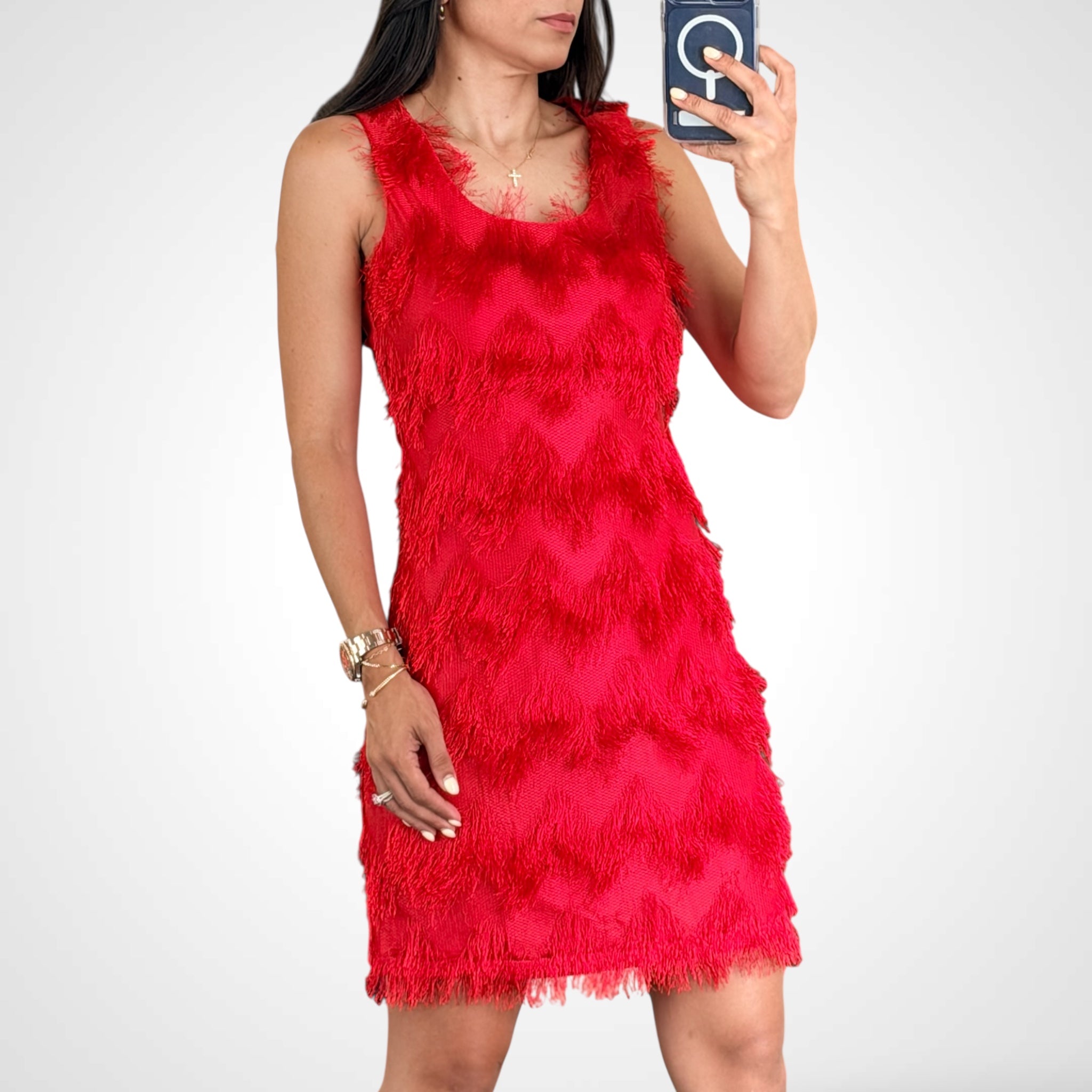 Sleeveless Zigzag Fringe Mini Dress•-1