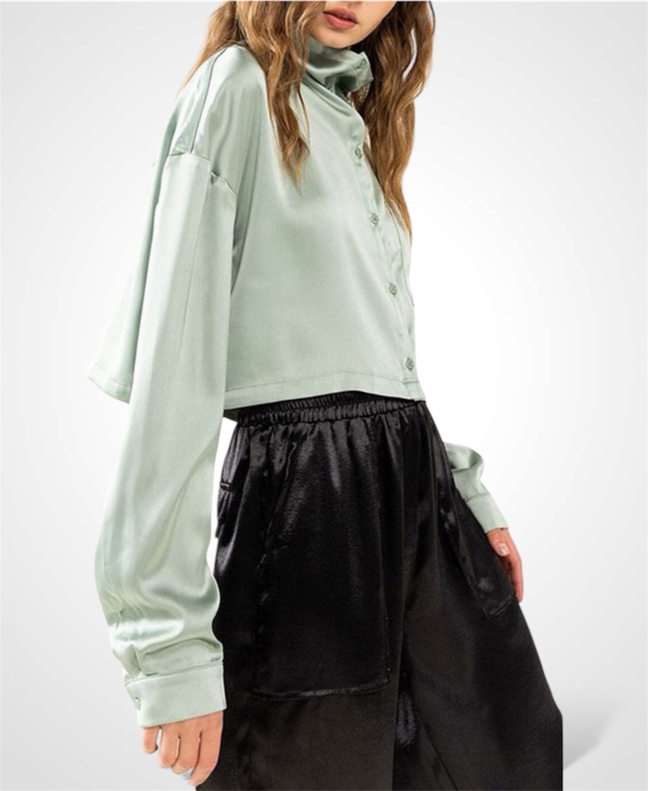 SAGE LONG SLEEVE BUTTON UP SATIN BLOUSE TOP•