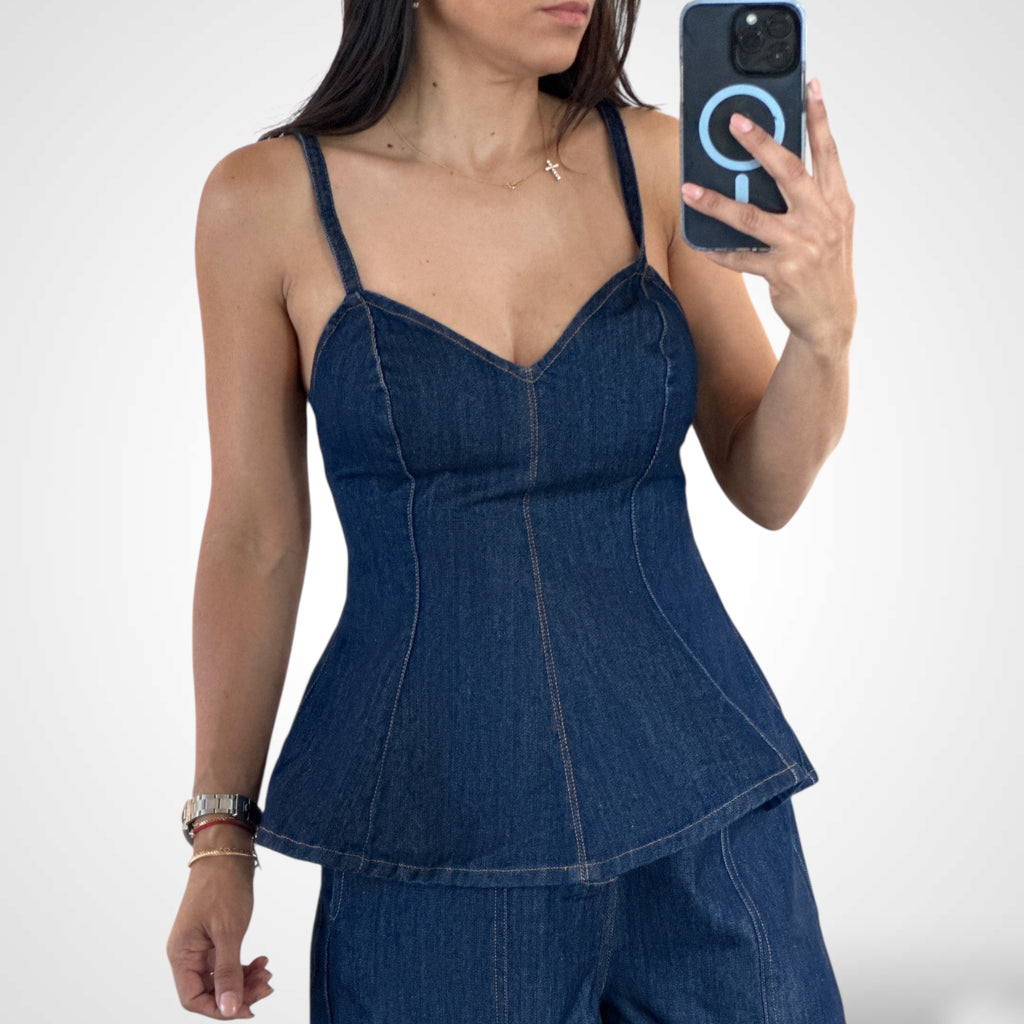 SJQ-DENIM GODET TOP AND LONG PANTS SET