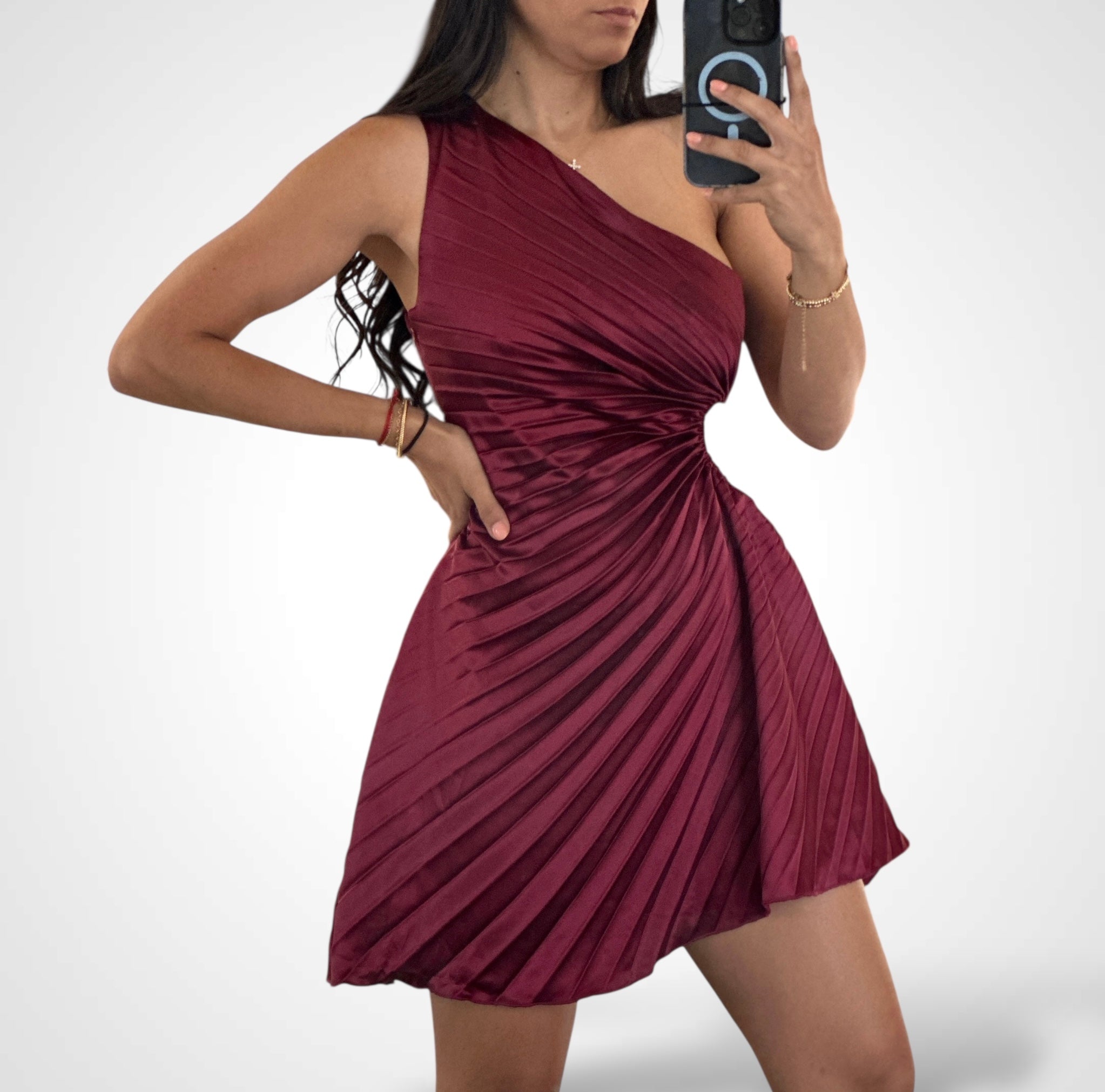 WINE ASSYMETRICAL ACCORDION MININ DRESS