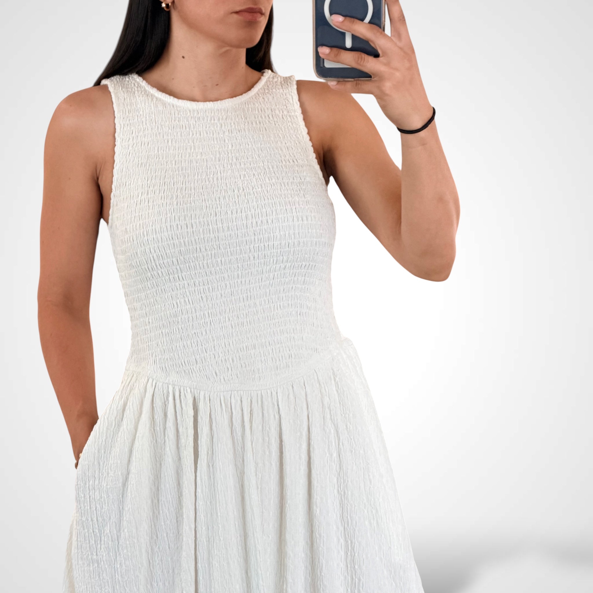Textured Smocked Sleeveless Dress•-2