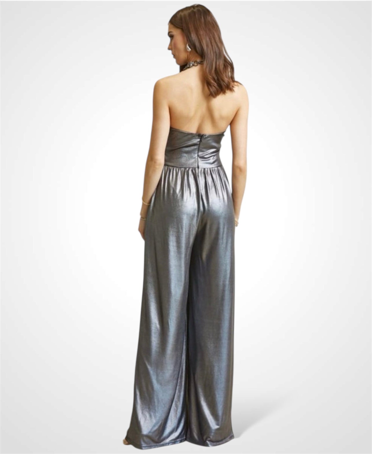 GUNMETAL BRAIDED RHINESTONE METALLIC JUMPSUIT
