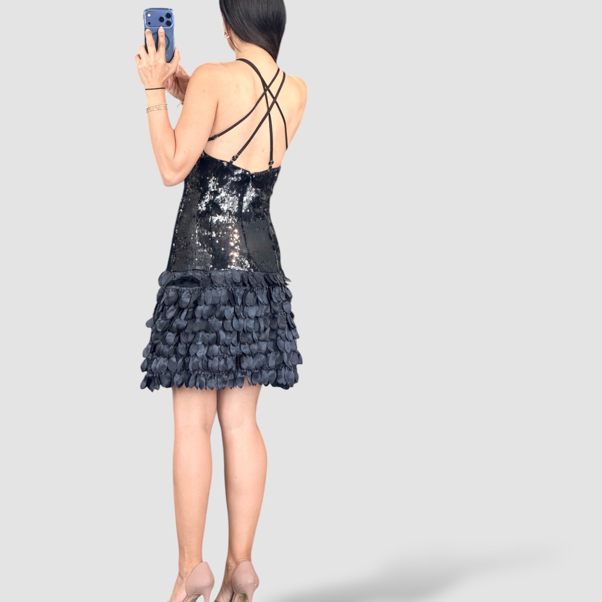 Satin Feather-design Sequin Halter Mini Dress•-3