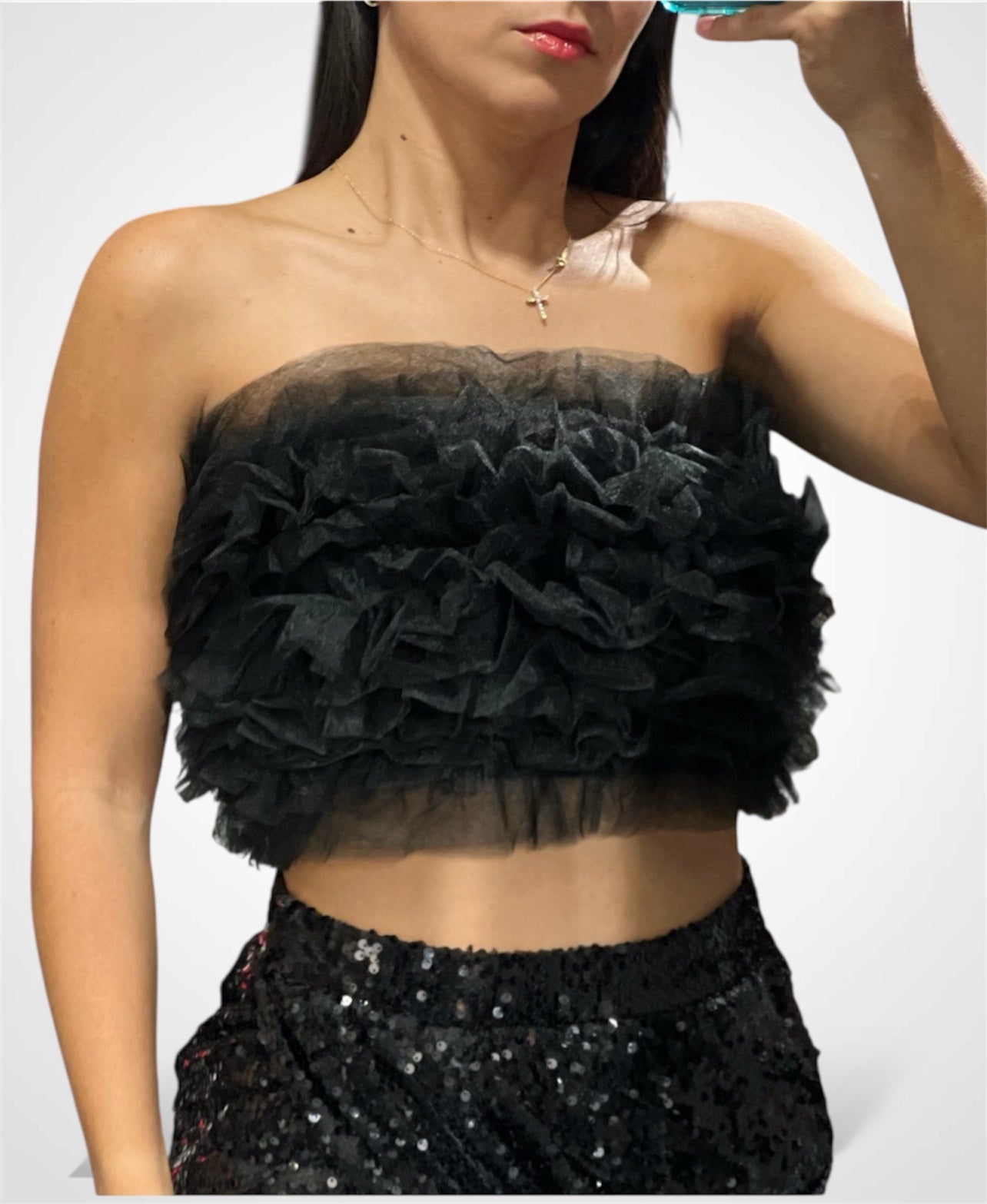 BLACK MESH TULLE TUBE TOP