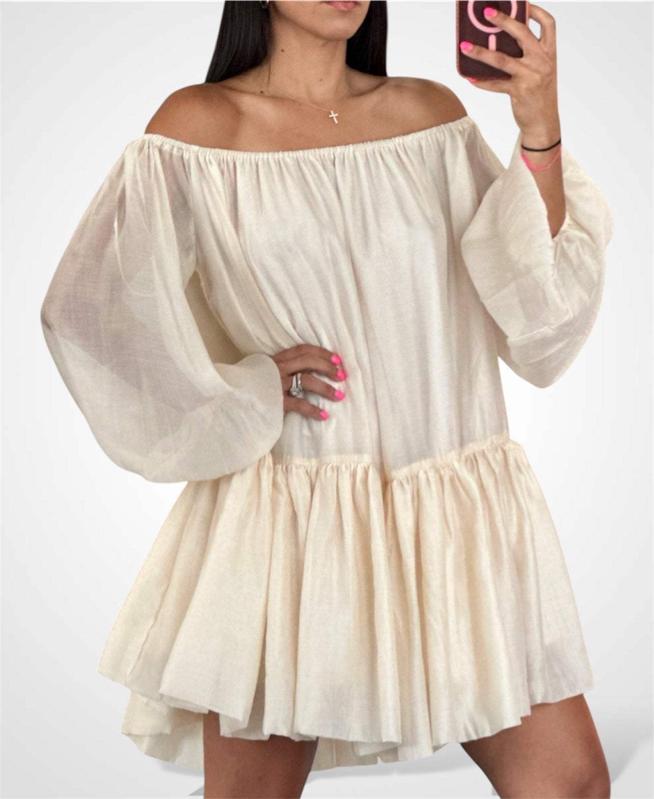 OFF SHOULDER PUFFY MINI DRESS•-1