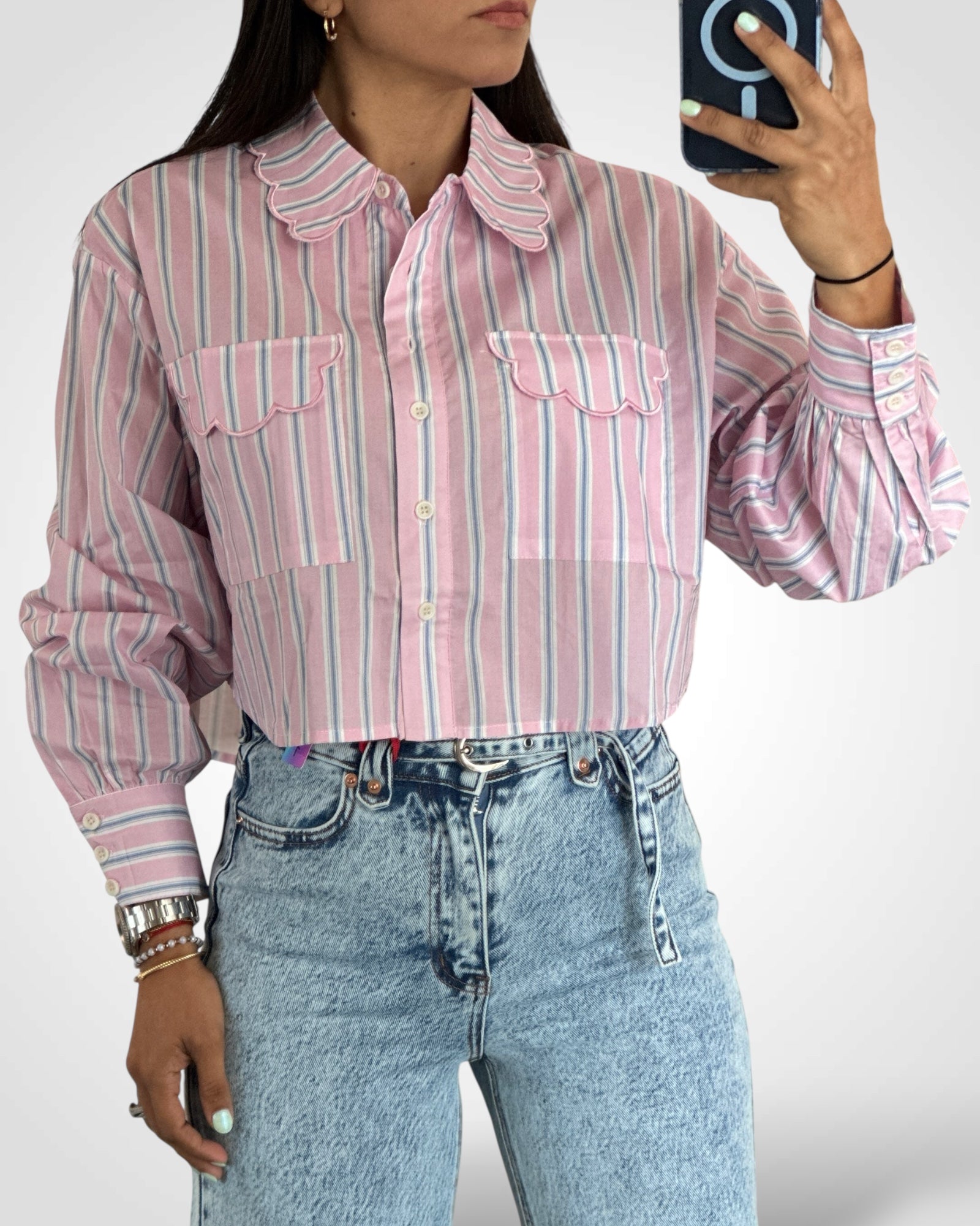 Pink Scallop Detail Pin Stripe Shirt