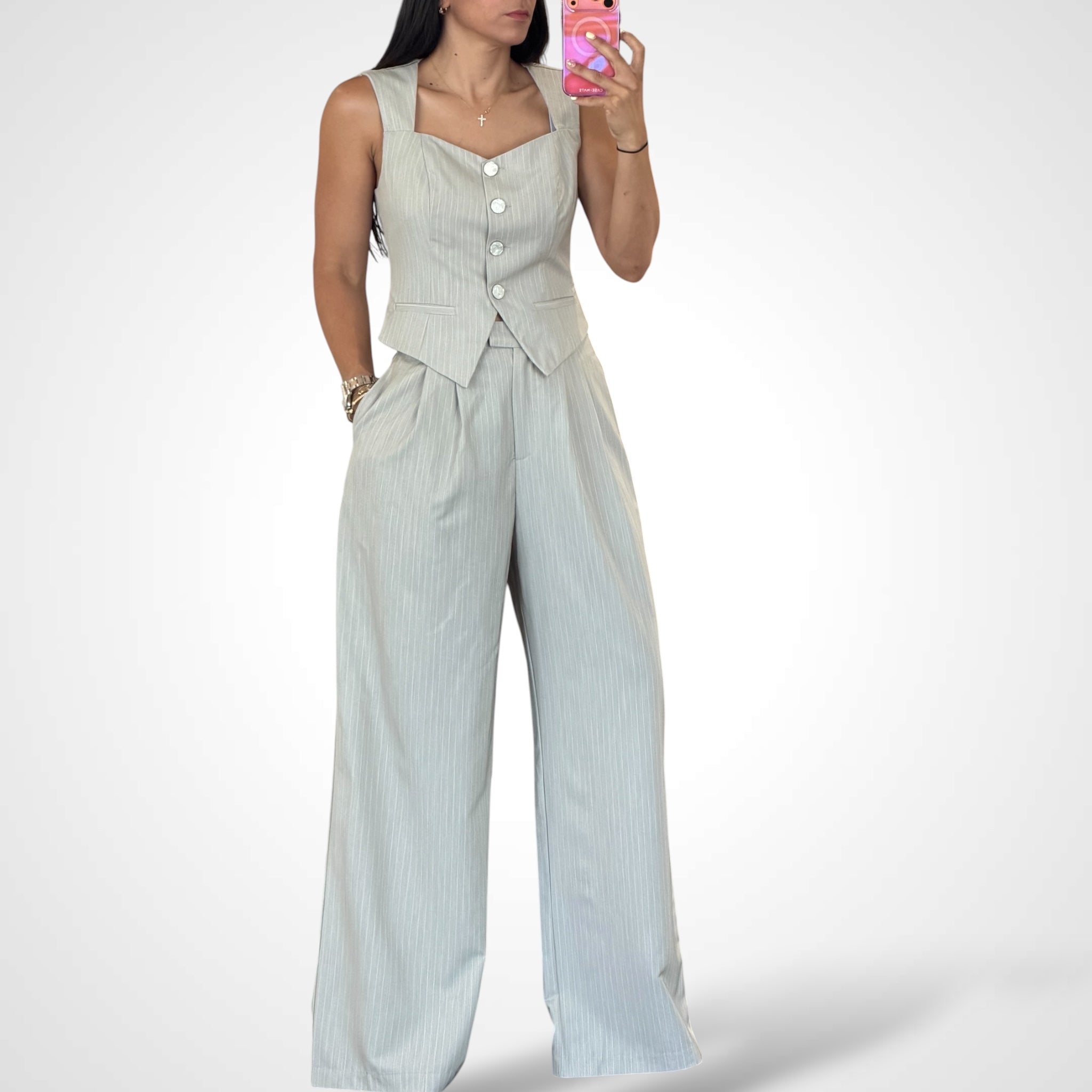 PINSTRIPE SQUARE NECKLINE VEST TOP AND WIDE LEG PANTS SET-1