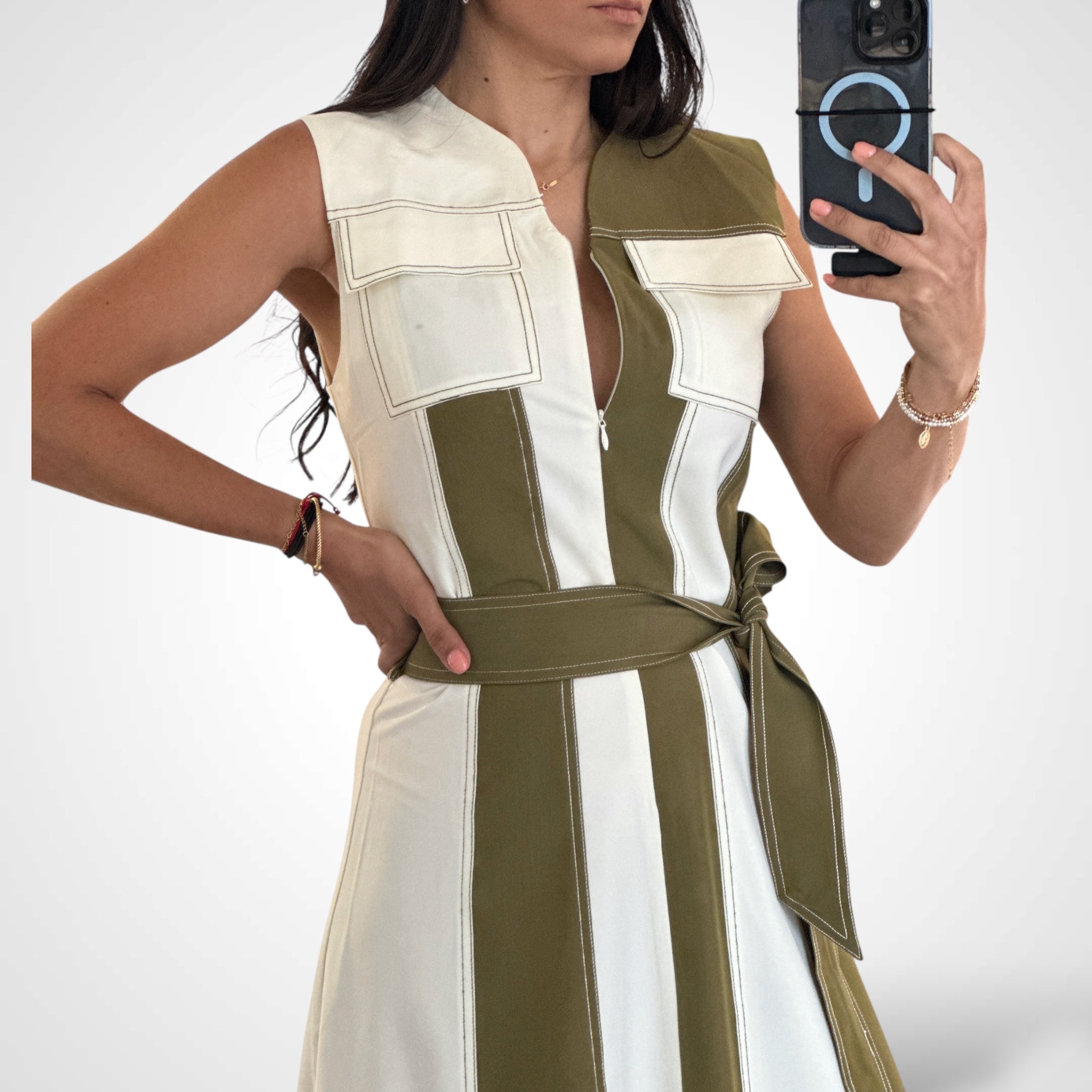 OLIVE/IVORY SLEEVELESS COLOR-BLOCK MIDI DRESS