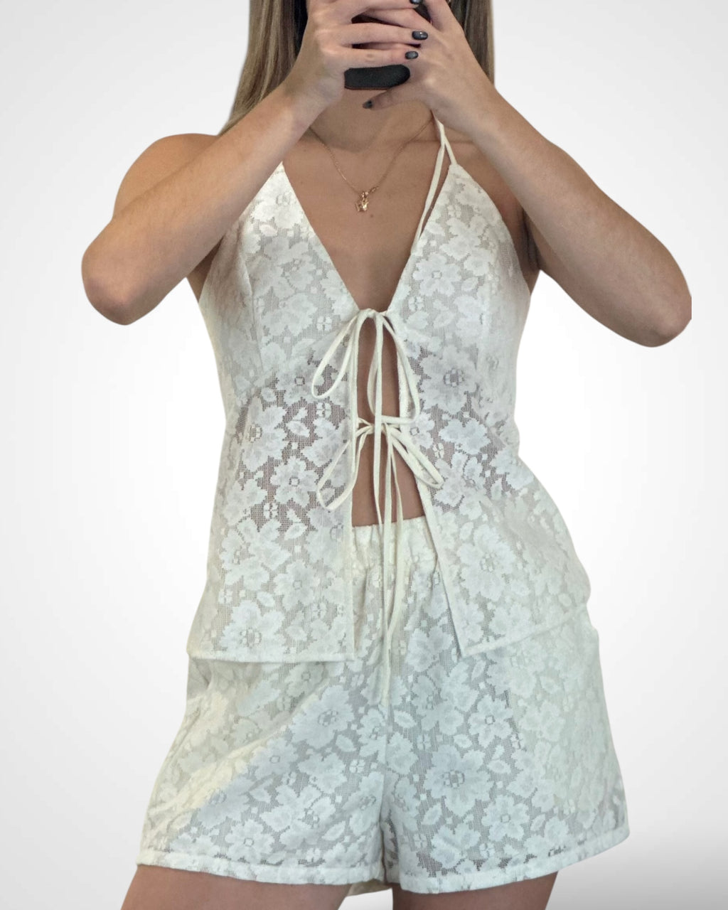 Lace Halter Tie Front Top