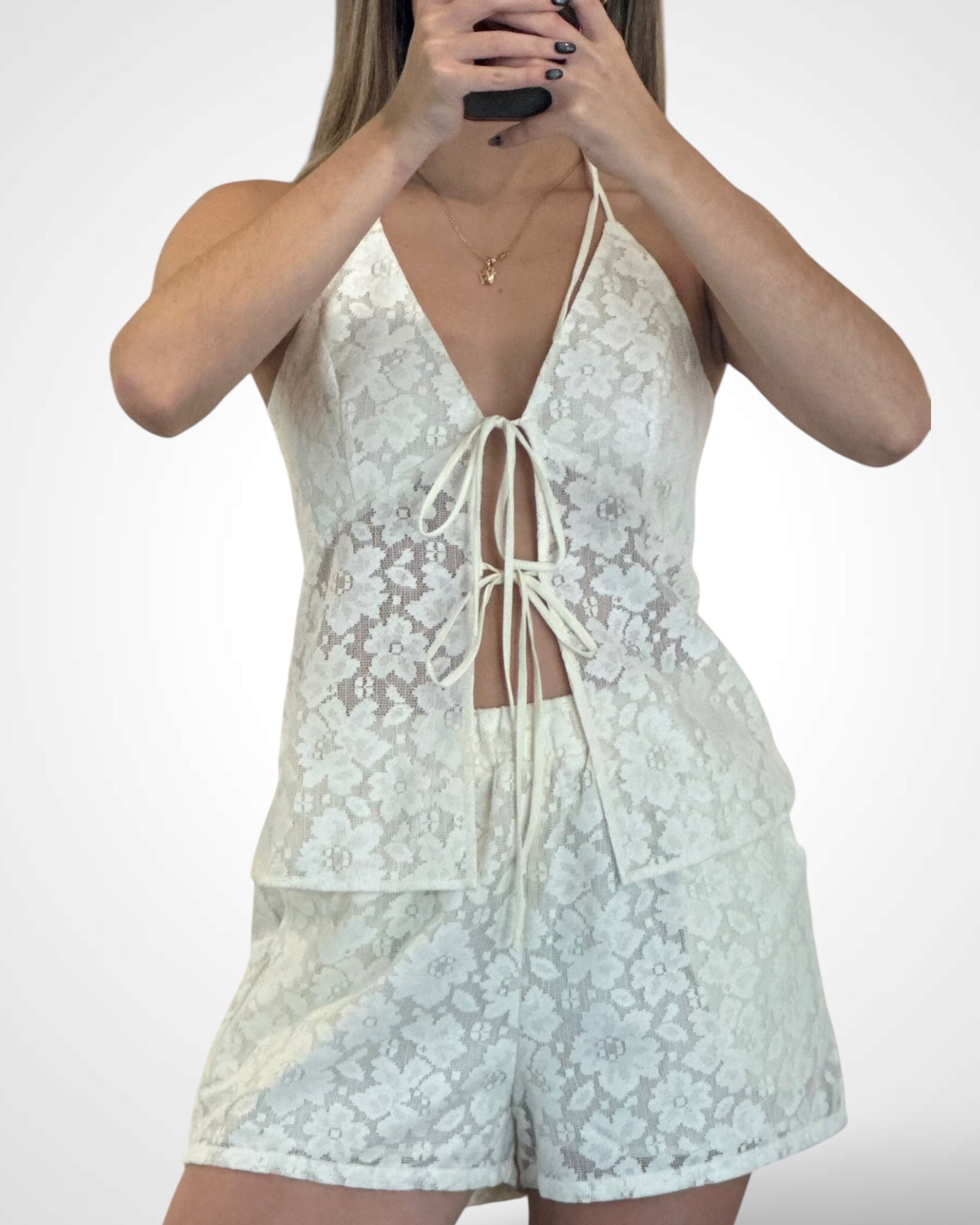 Lace Halter Tie Front Top