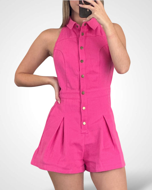 SOLID SNAP BUTTON UP FRONT TWILL HALTER ROMPER