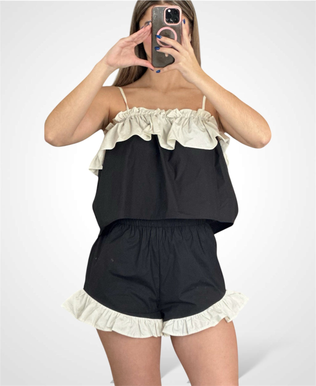 CONTRASTING RUFFLE HEM POPLIN SHORTS