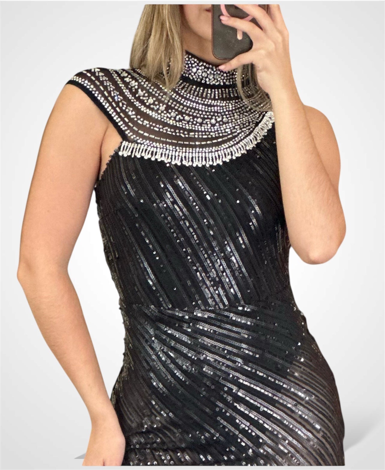 MOCK NECK SIDE SLIT BODYCON SEQUINS MAXI DRESS