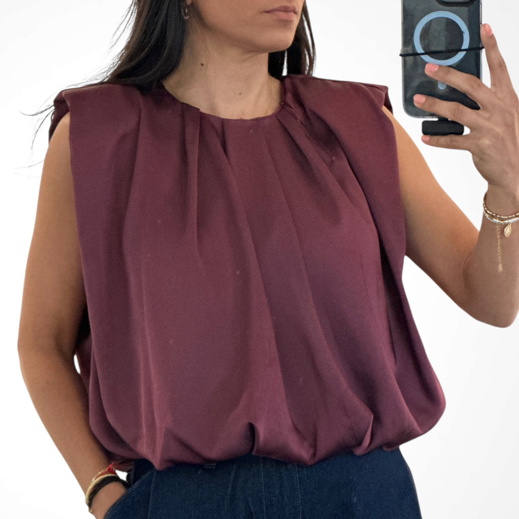 WINE SHOULDER PADDED PLEAT DETAIL SLEEVELESS TOP