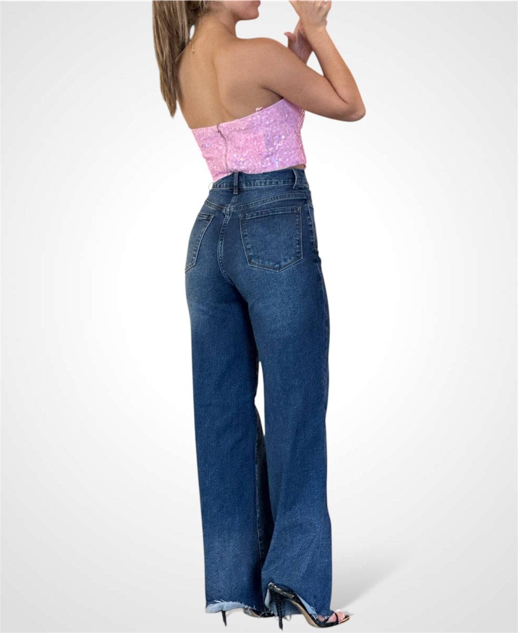 WOMENS SLEEVELESS V-NECK SEQUINS TUBE CROP TOP (Pink)